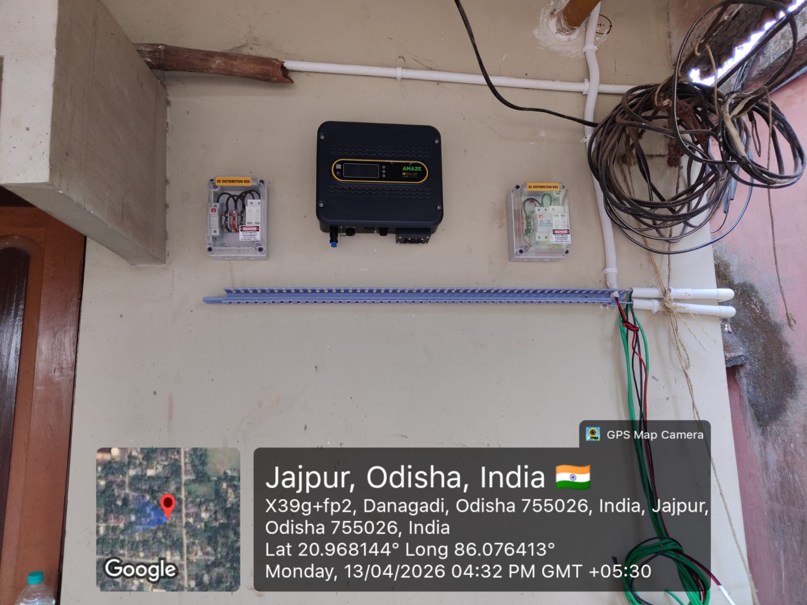 Solar inverter with DC and AC distribution boxes installed in Angul, Odisha
